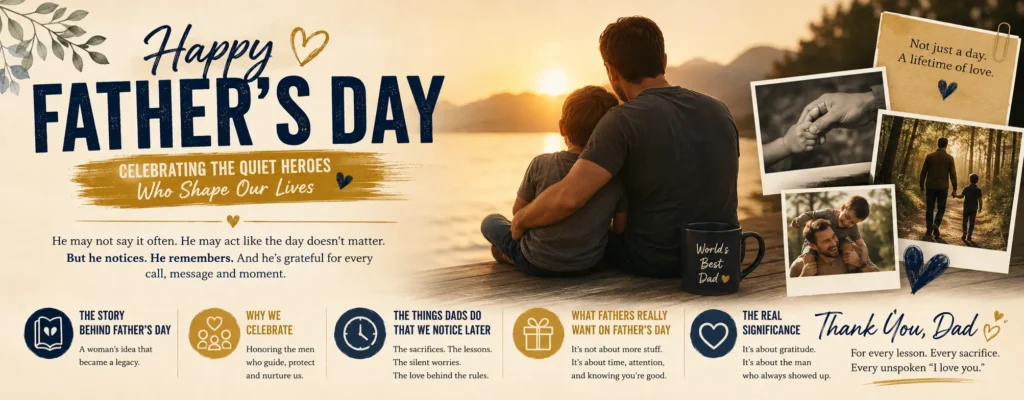 Father's Day celebration banner showing a father and child at sunset, honoring dads and their lifelong love and sacrifices